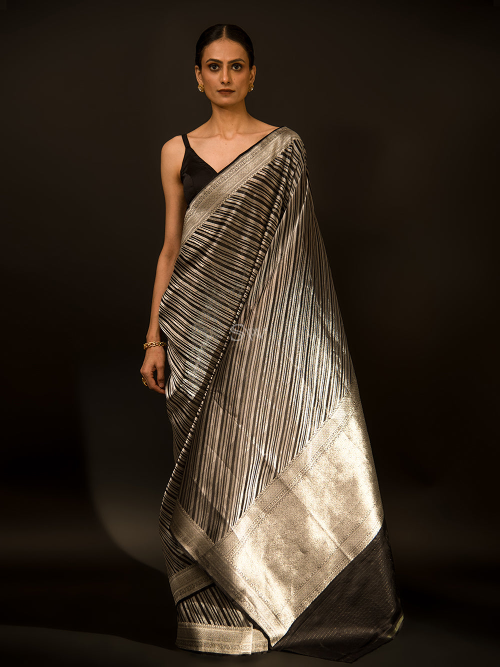Black Stripe Katan Silk Handloom Banarasi Saree - Sacred Weaves
