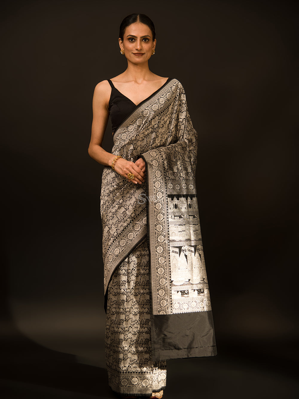 Black Shikargah Katan Silk Handloom Banarasi Saree - Sacred Weaves