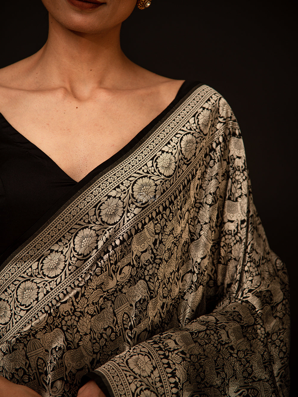 Black Shikargah Katan Silk Handloom Banarasi Saree - Sacred Weaves
