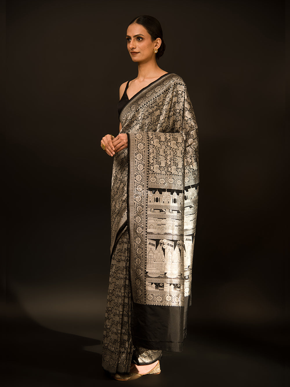 Black Shikargah Katan Silk Handloom Banarasi Saree - Sacred Weaves