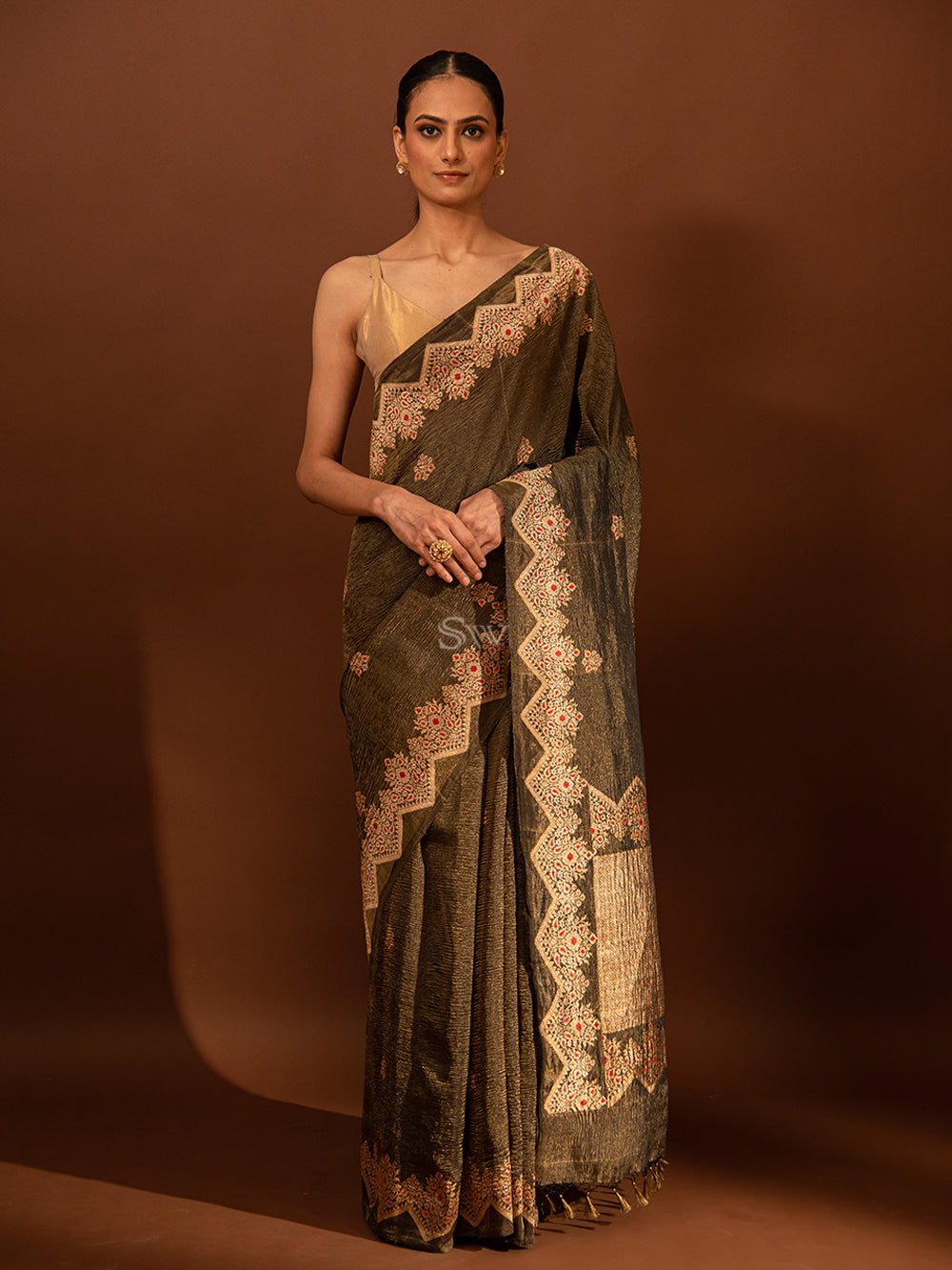 Black Gold Meenakari Crush Katan Tissue Handloom Banarasi Saree - Sacred Weaves