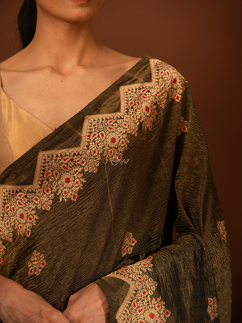 Black Gold Meenakari Katan Crush Tissue Handloom Banarasi Saree - Sacred Weaves
