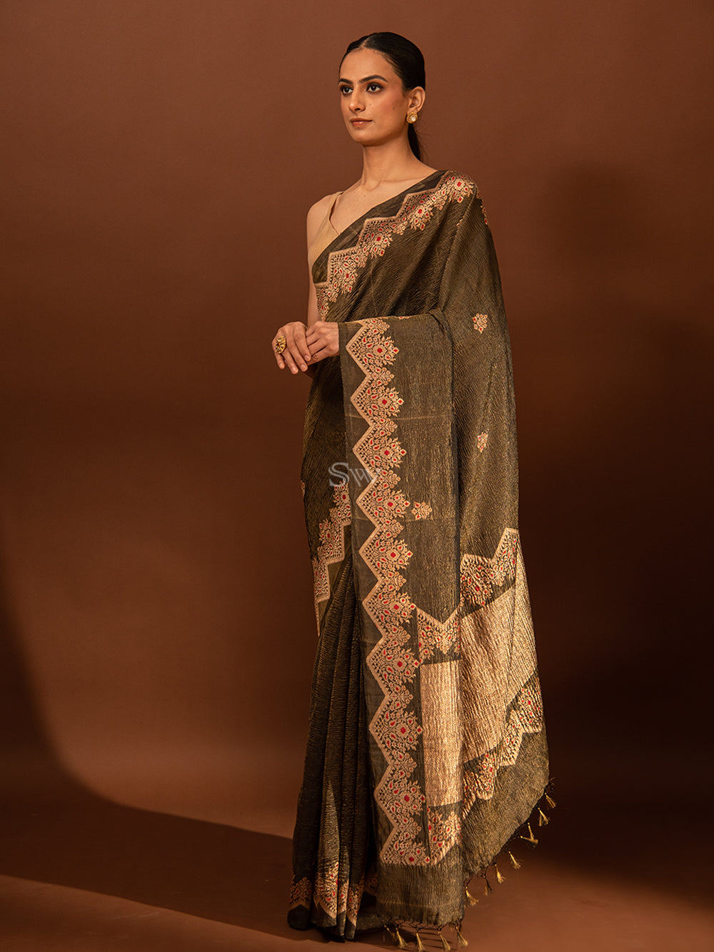 Black Gold Meenakari Katan Crush Tissue Handloom Banarasi Saree - Sacred Weaves