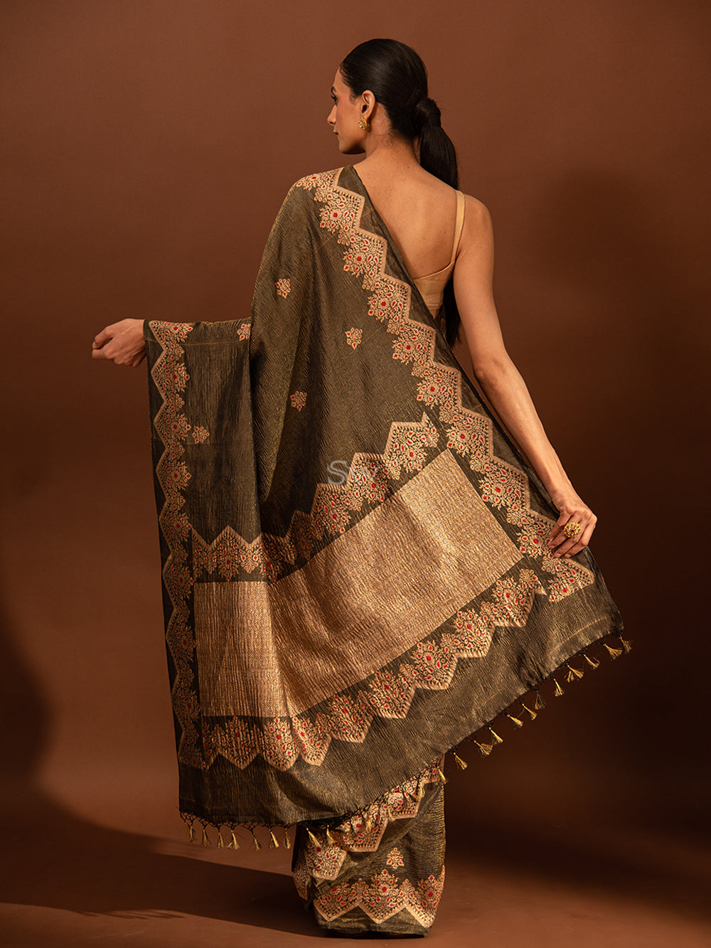 Black Gold Meenakari Katan Crush Tissue Handloom Banarasi Saree - Sacred Weaves