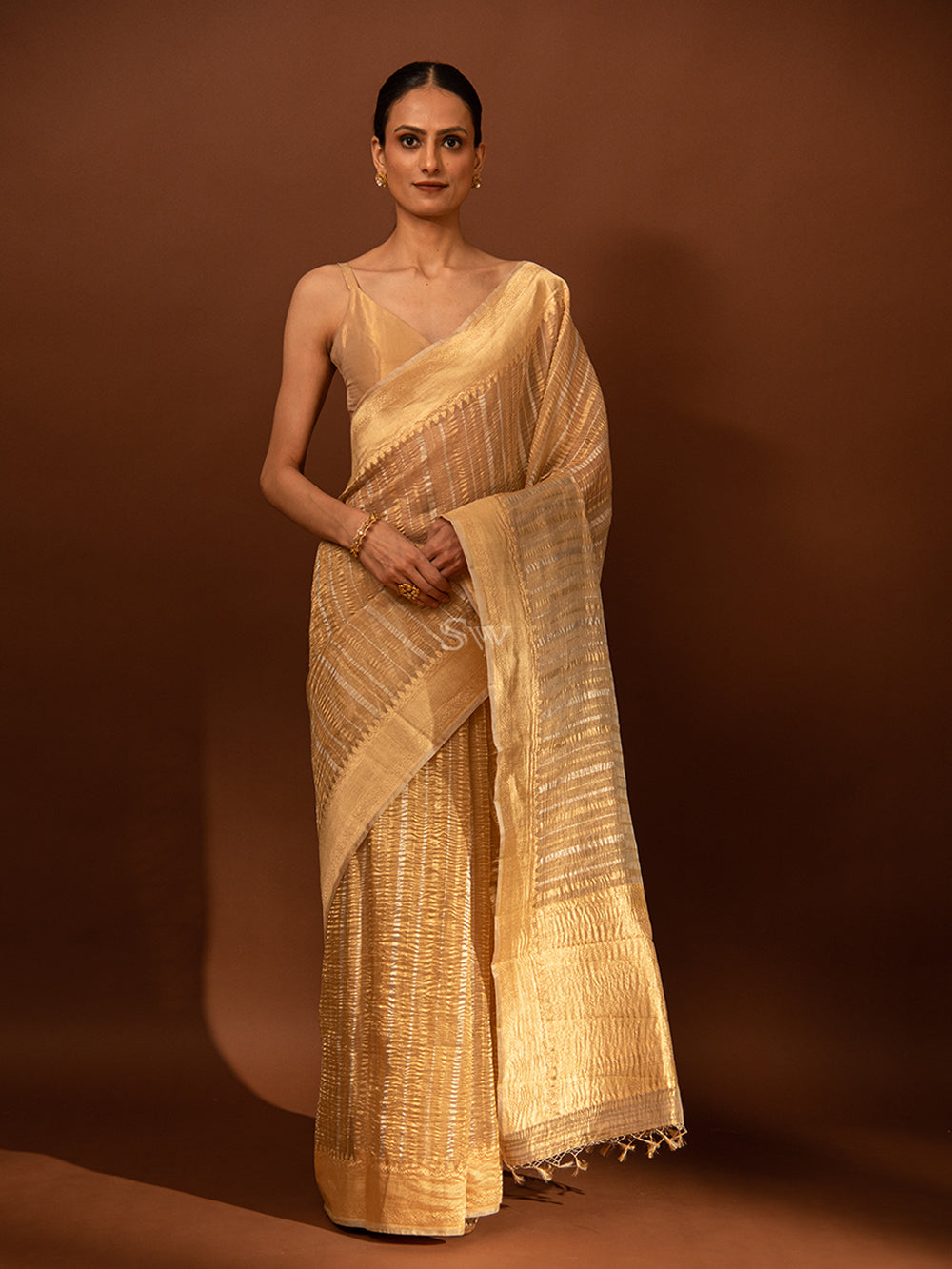 Beige Gold Stripe Crush Tissue Handloom Banarasi Saree - Sacred Weaves