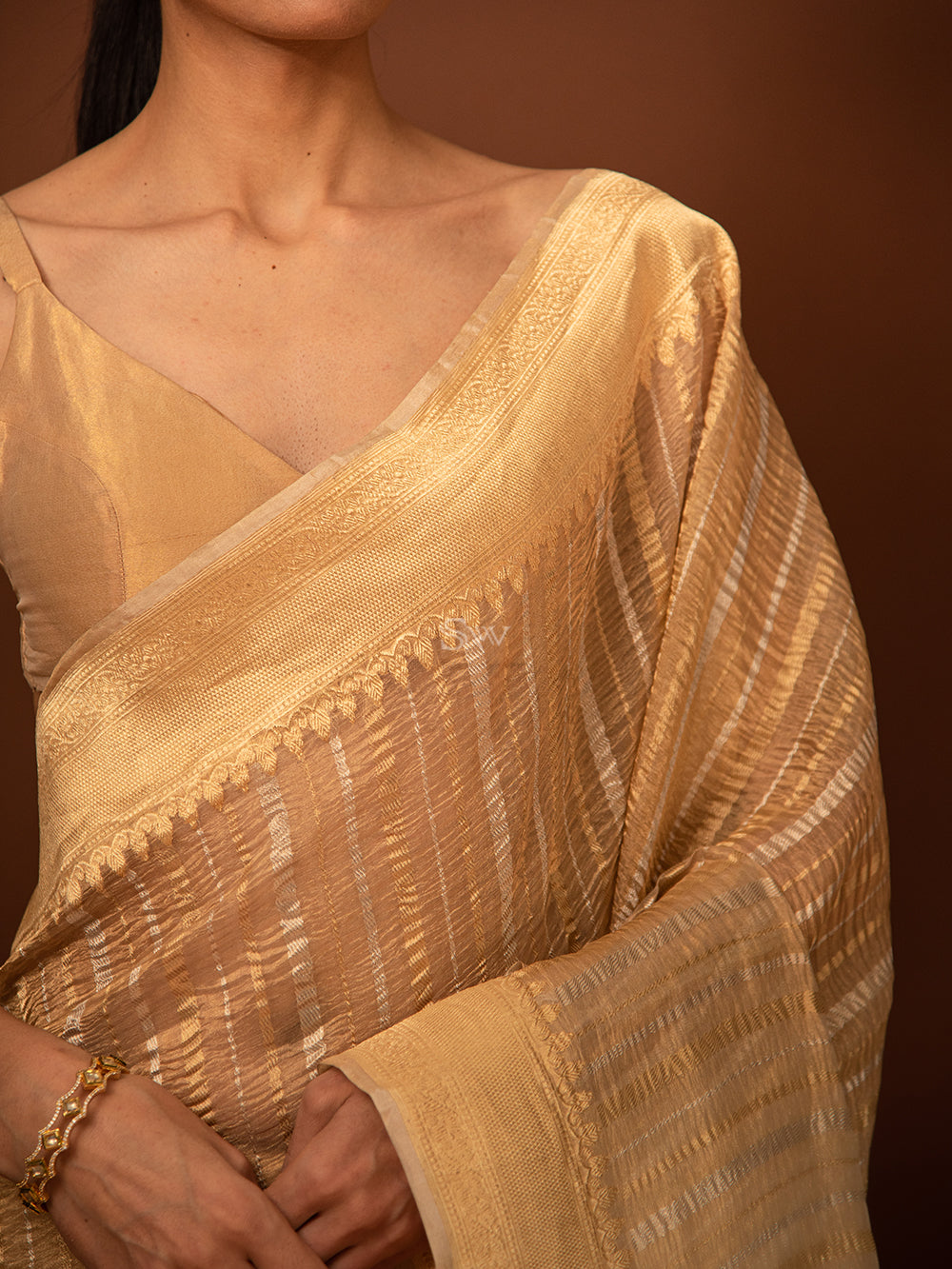Beige Gold Stripe Crush Tissue Handloom Banarasi Saree - Sacred Weaves