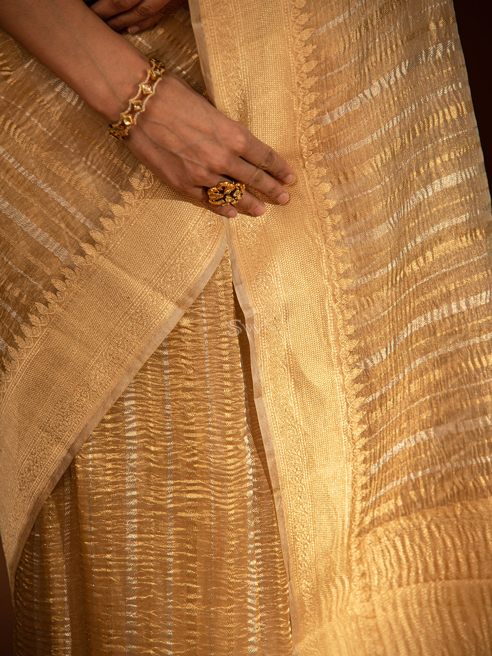 Beige Gold Stripe Crush Tissue Handloom Banarasi Saree - Sacred Weaves