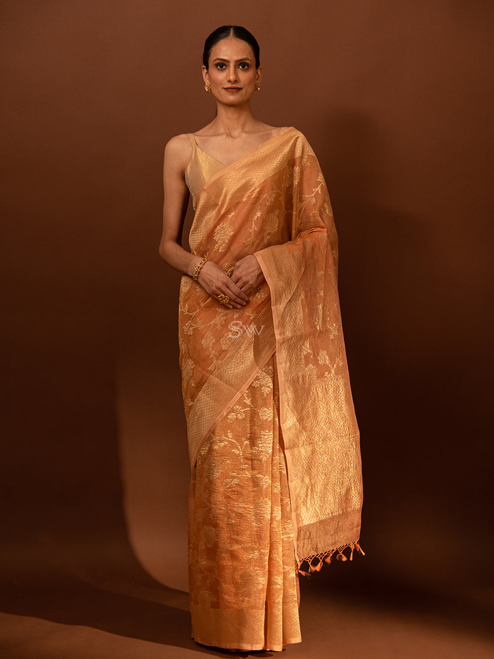 Pastel Peach Jaal Crush Tissue Handloom Banarasi Saree - Sacred Weaves