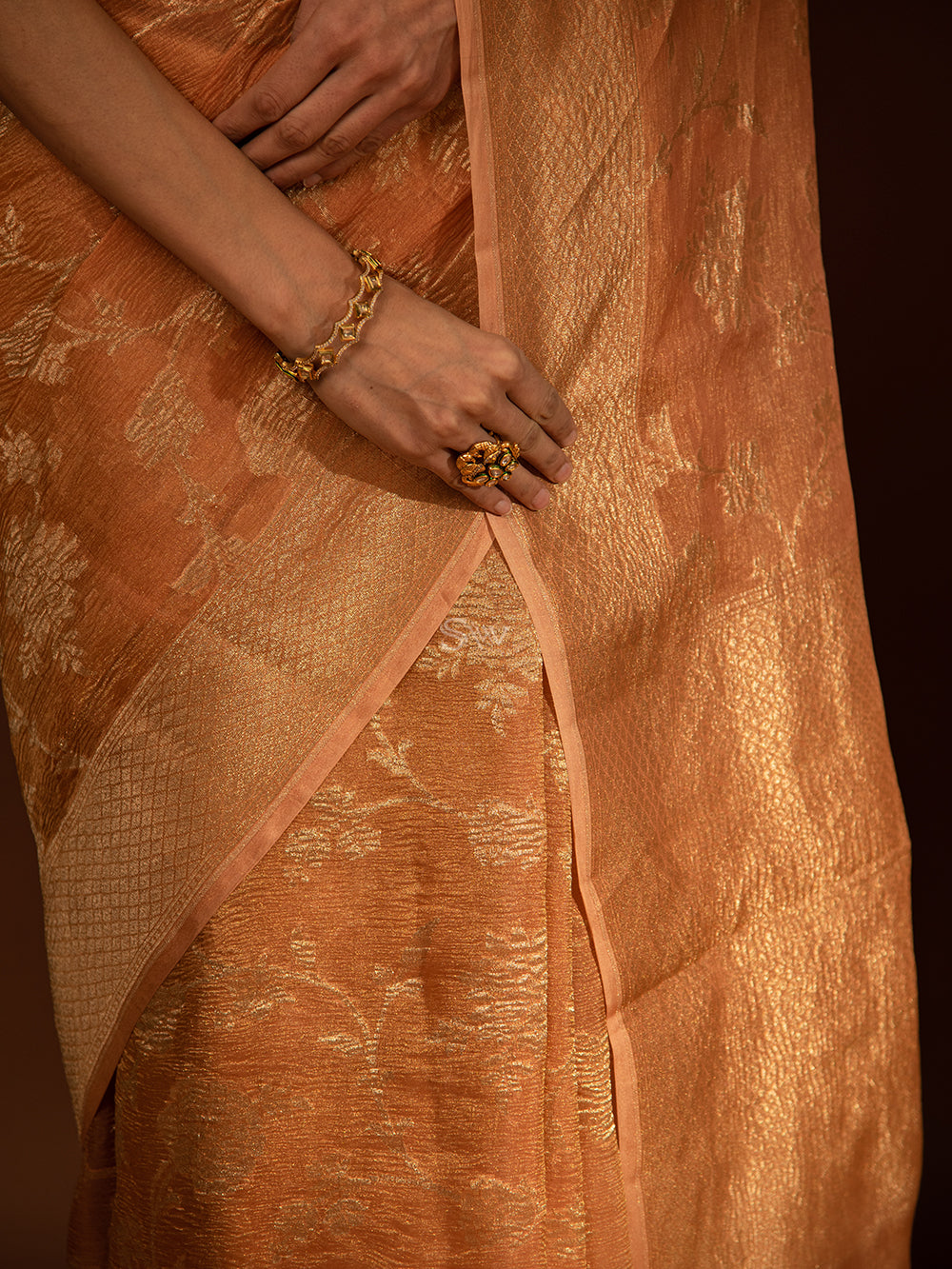 Pastel Peach Jaal Crush Tissue Handloom Banarasi Saree - Sacred Weaves