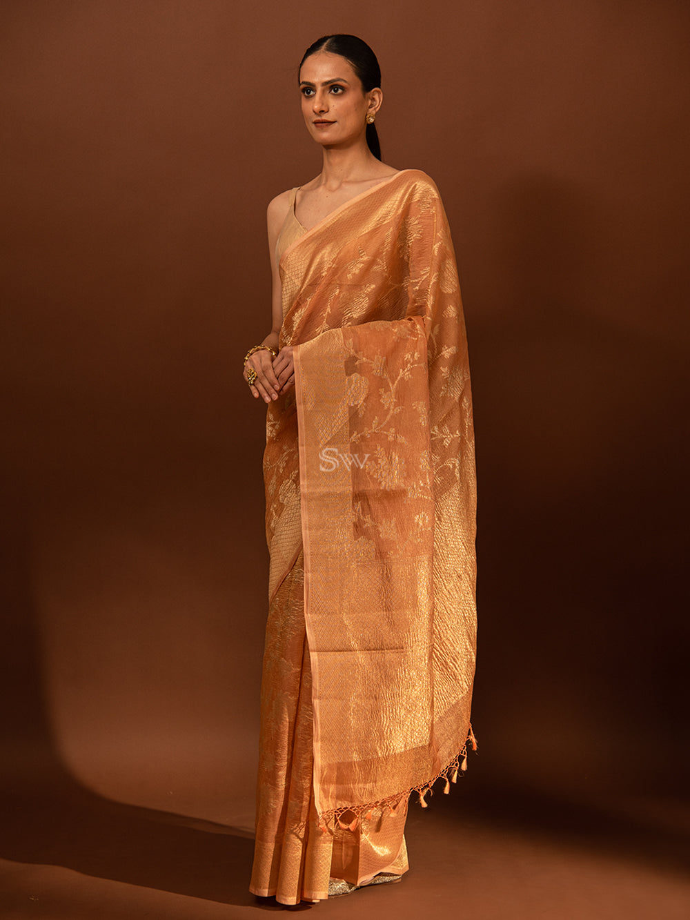 Pastel Peach Jaal Crush Tissue Handloom Banarasi Saree - Sacred Weaves