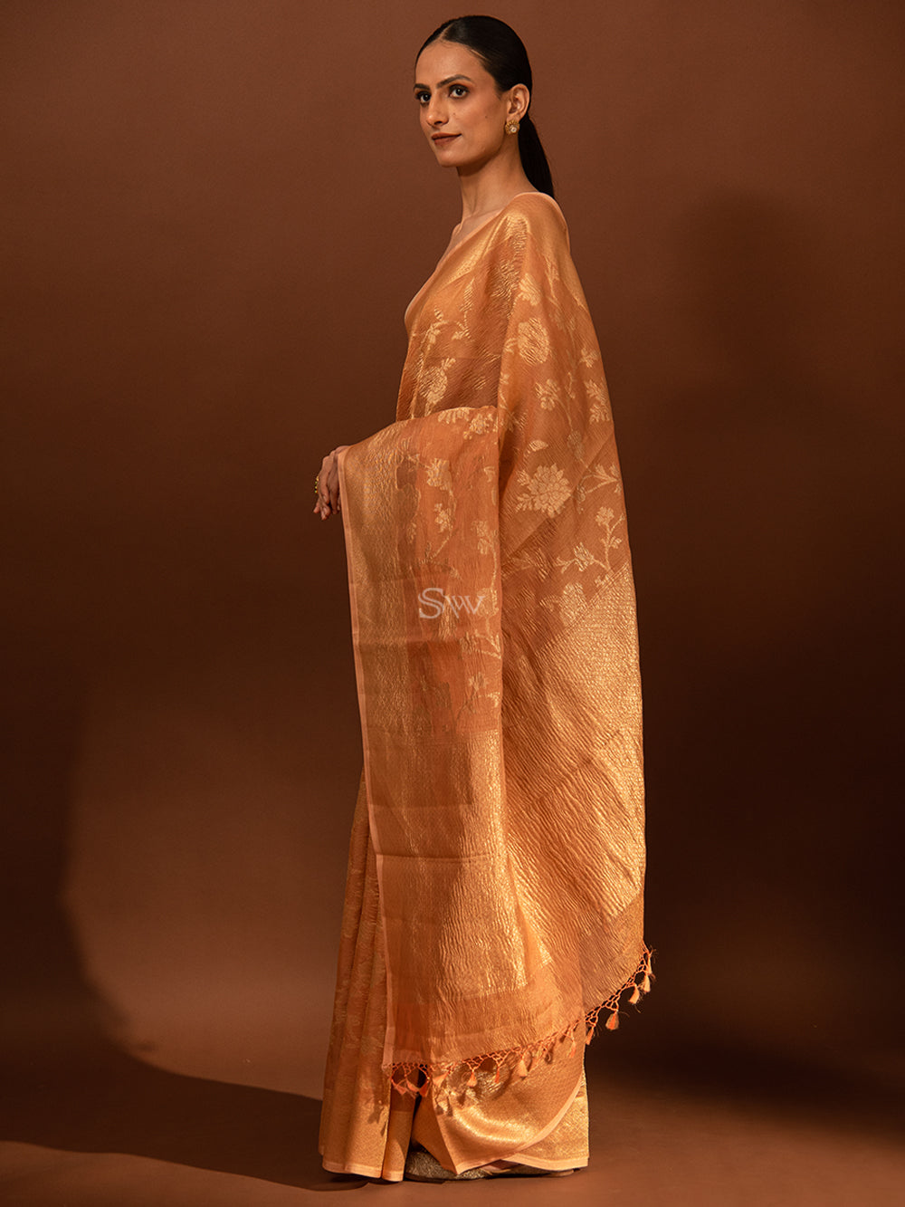 Pastel Peach Jaal Crush Tissue Handloom Banarasi Saree - Sacred Weaves