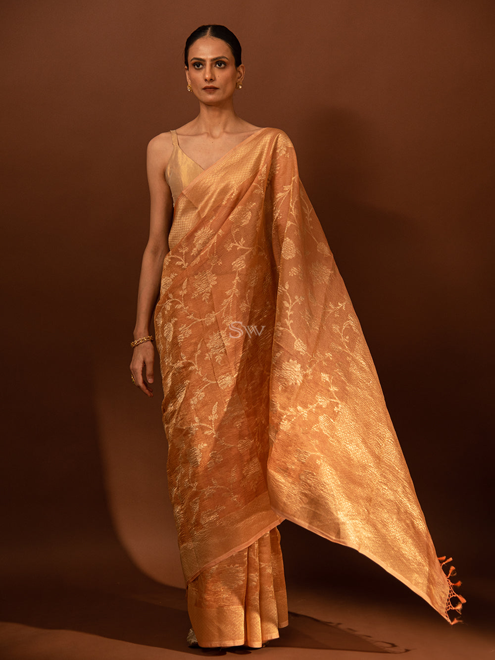 Pastel Peach Jaal Crush Tissue Handloom Banarasi Saree - Sacred Weaves