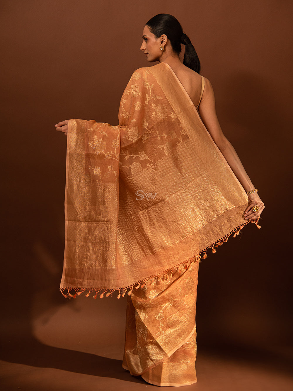 Pastel Peach Jaal Crush Tissue Handloom Banarasi Saree - Sacred Weaves