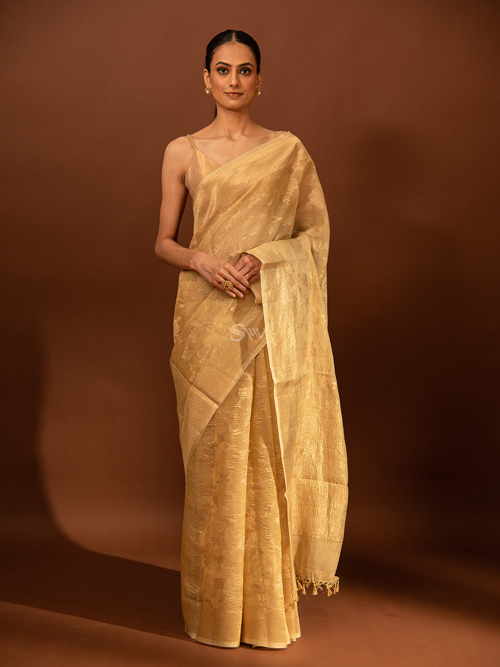 Beige Jaal Crush Tissue Handloom Banarasi Saree - Sacred Weaves
