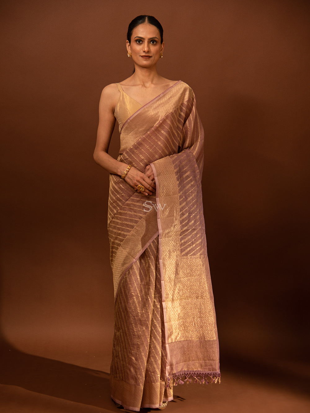 Mauve Gold Stripe Crush Tissue Handloom Banarasi Saree - Sacred Weaves