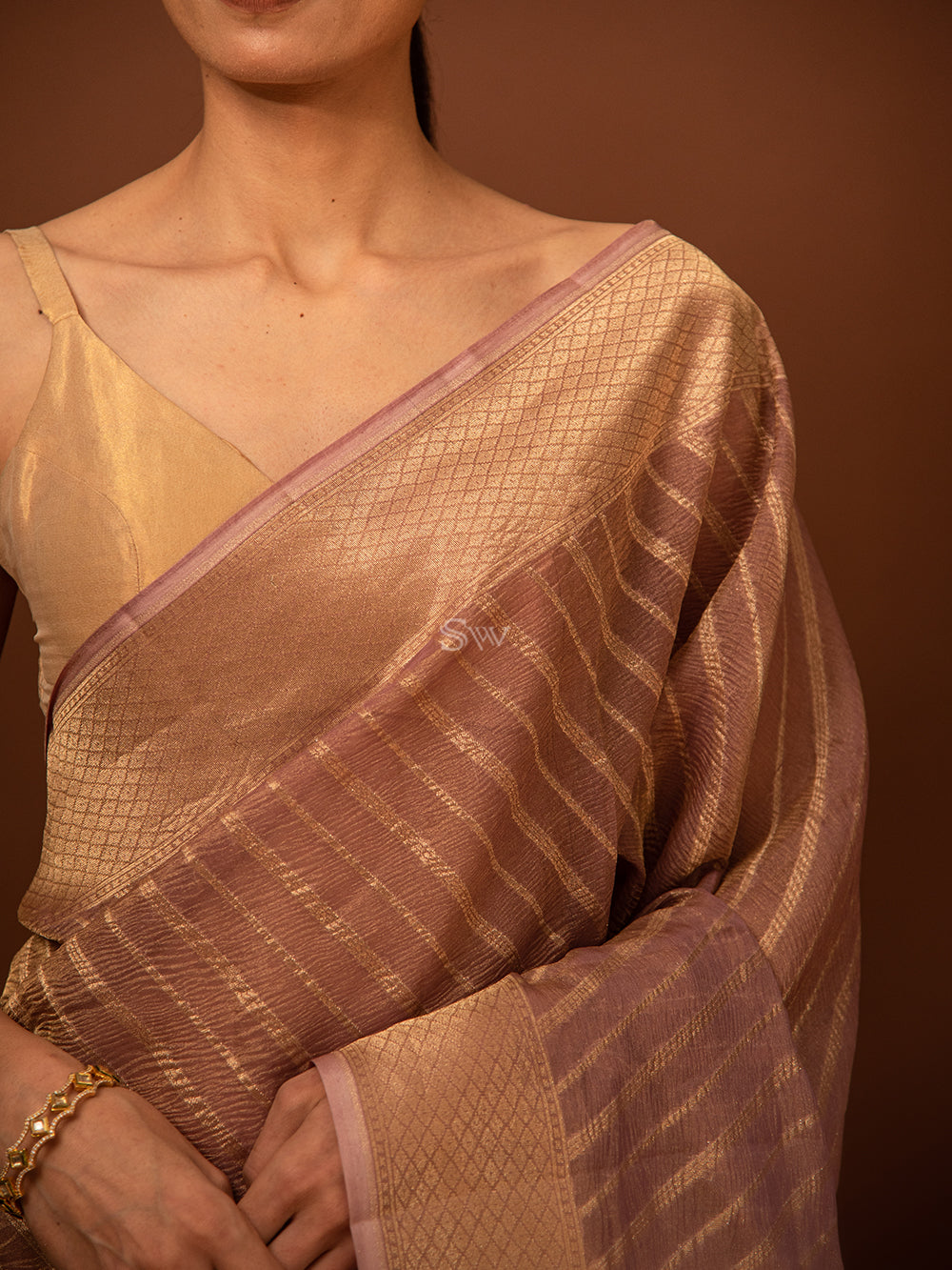 Mauve Gold Stripe Crush Tissue Handloom Banarasi Saree - Sacred Weaves