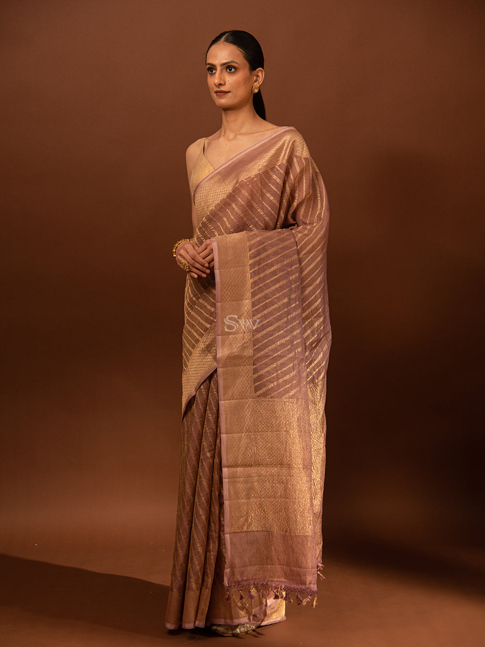 Mauve Gold Stripe Crush Tissue Handloom Banarasi Saree - Sacred Weaves