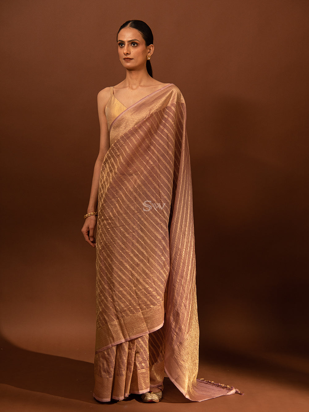Mauve Gold Stripe Crush Tissue Handloom Banarasi Saree - Sacred Weaves