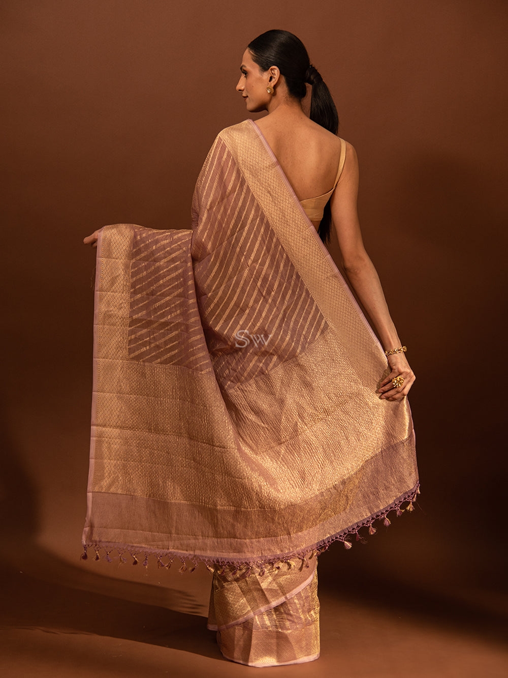 Mauve Gold Stripe Crush Tissue Handloom Banarasi Saree - Sacred Weaves