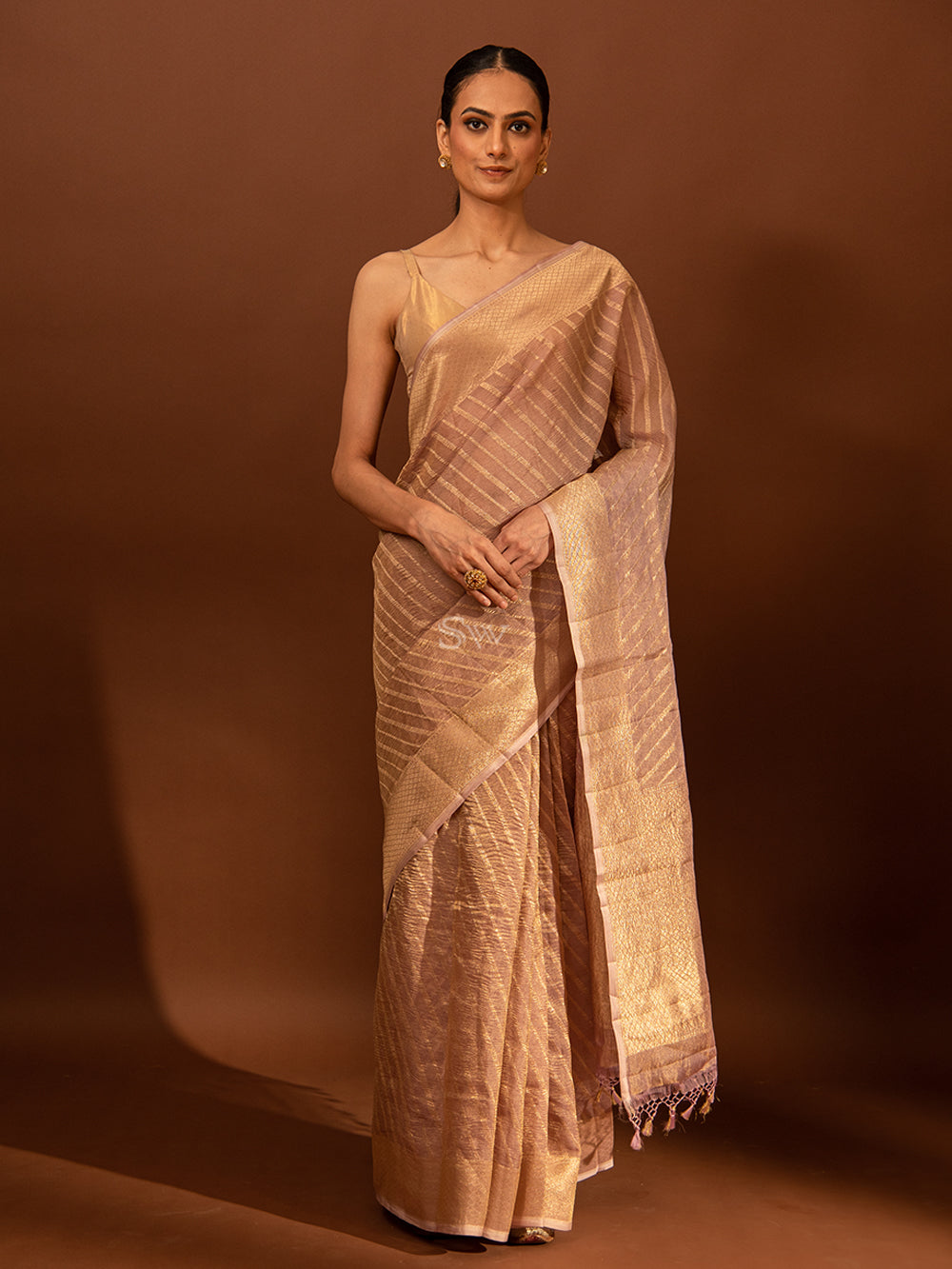 Pastel Purple Gold Stripe Crush Tissue Handloom Banarasi Saree - Sacred Weaves