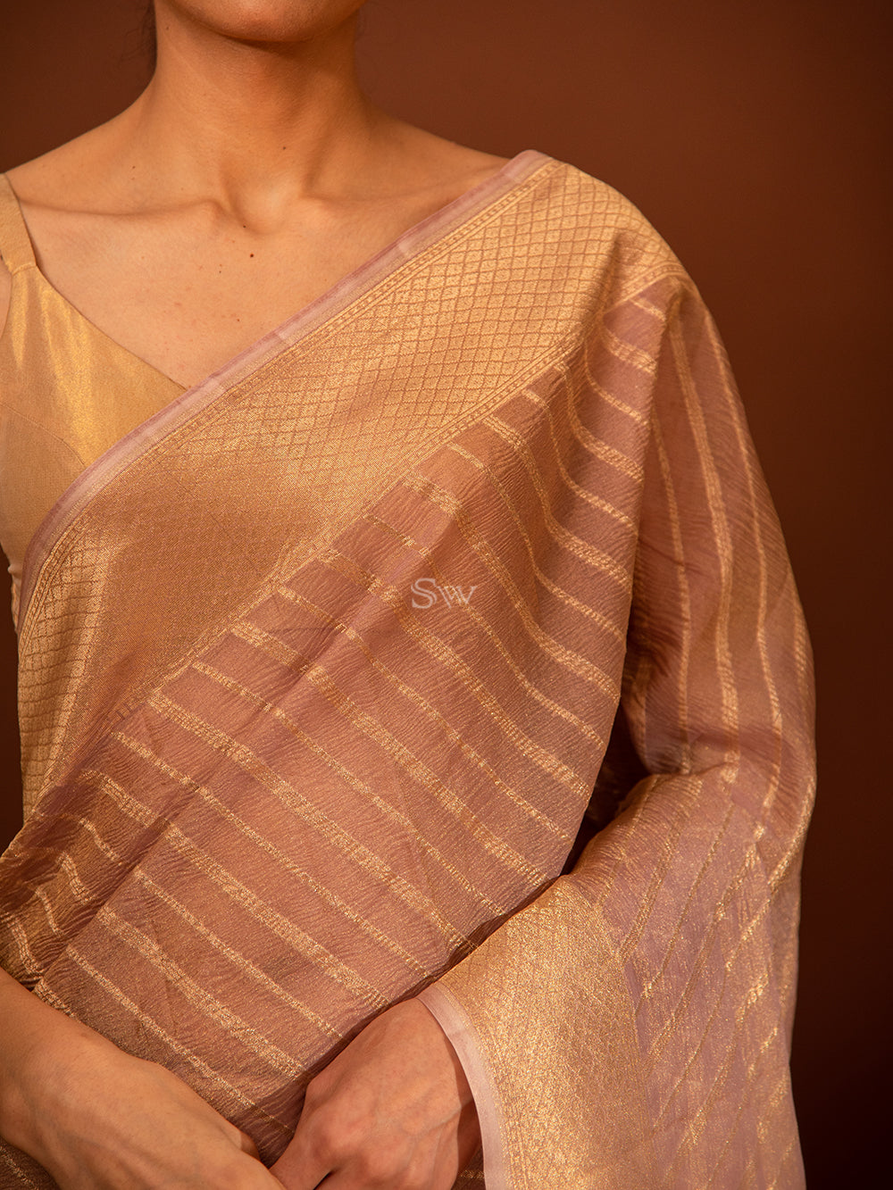 Pastel Purple Gold Stripe Crush Tissue Handloom Banarasi Saree - Sacred Weaves