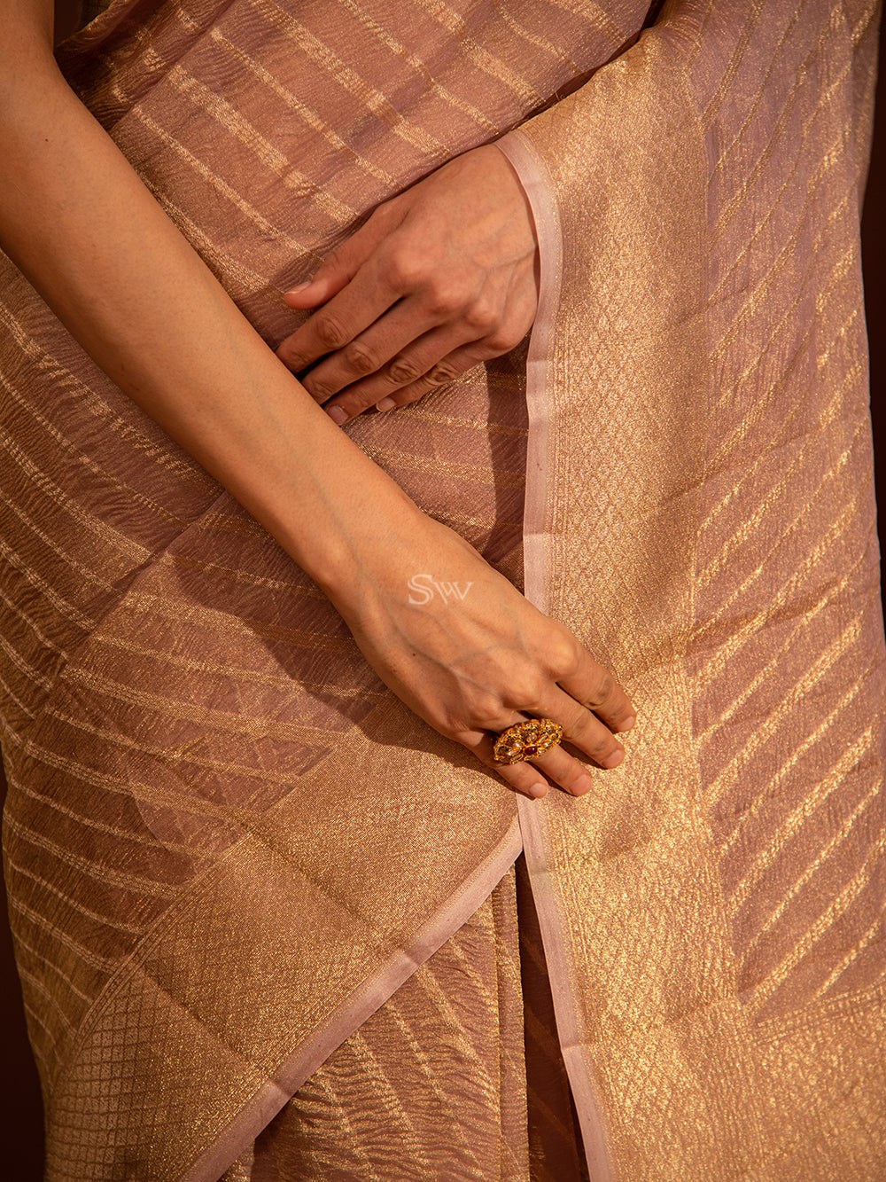 Pastel Purple Gold Stripe Crush Tissue Handloom Banarasi Saree - Sacred Weaves