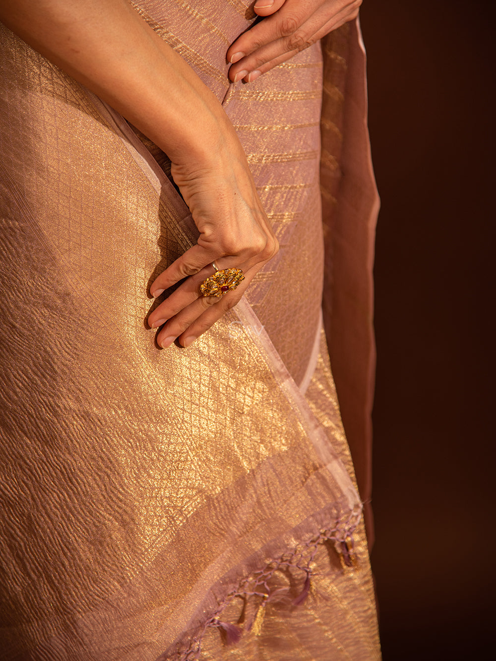 Pastel Purple Gold Stripe Crush Tissue Handloom Banarasi Saree - Sacred Weaves