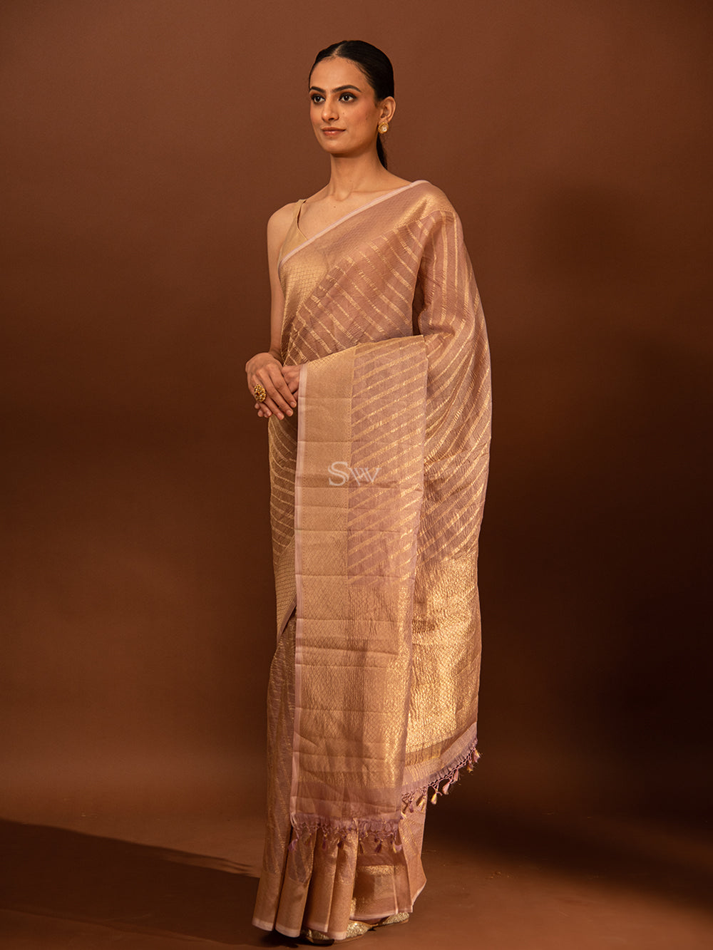 Pastel Purple Gold Stripe Crush Tissue Handloom Banarasi Saree - Sacred Weaves