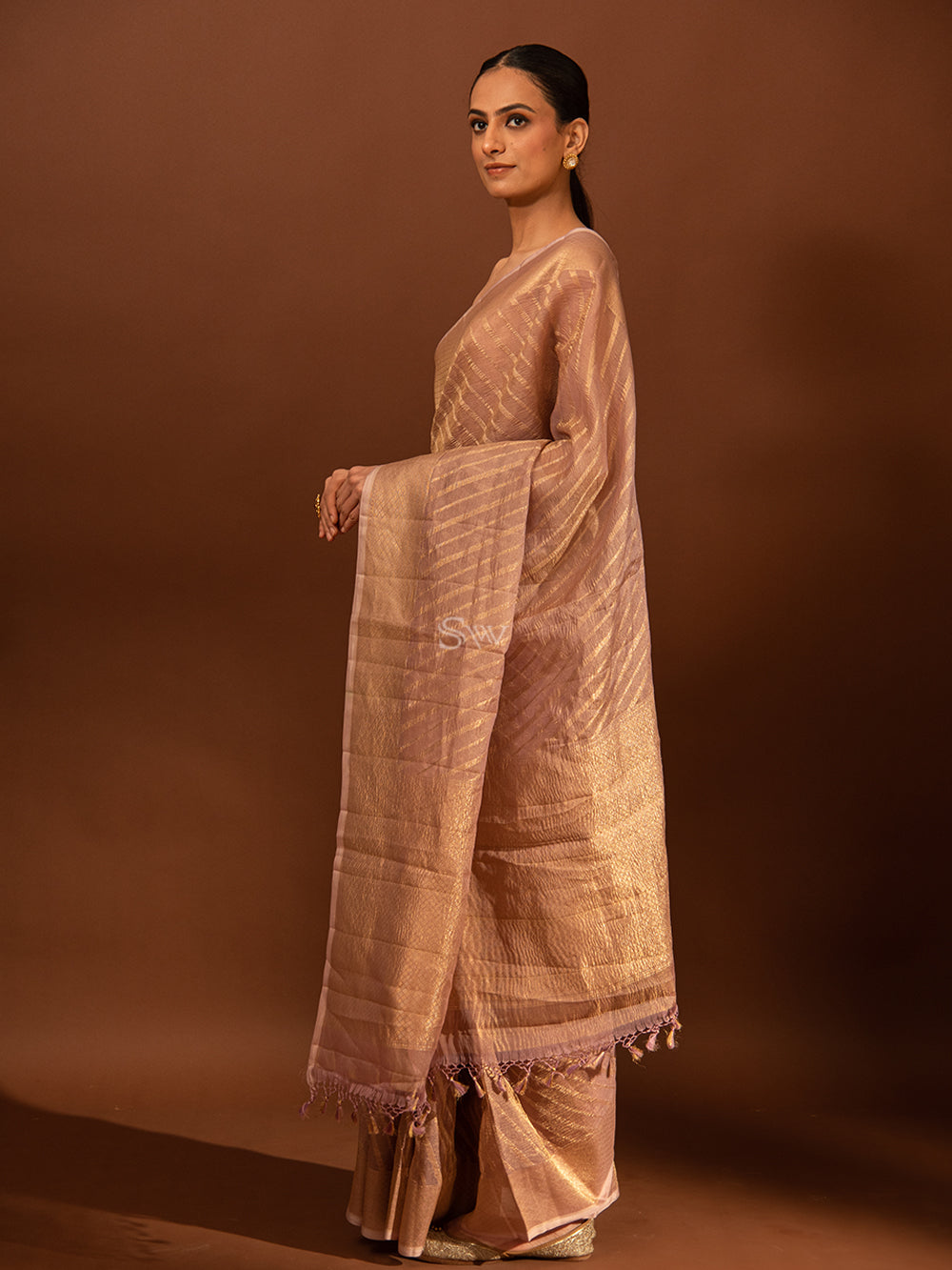 Pastel Purple Gold Stripe Crush Tissue Handloom Banarasi Saree - Sacred Weaves