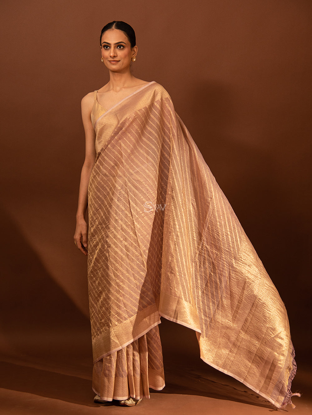 Pastel Purple Gold Stripe Crush Tissue Handloom Banarasi Saree - Sacred Weaves