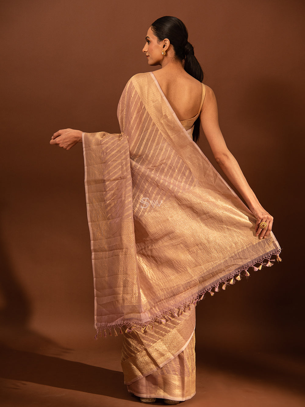 Pastel Purple Gold Stripe Crush Tissue Handloom Banarasi Saree - Sacred Weaves