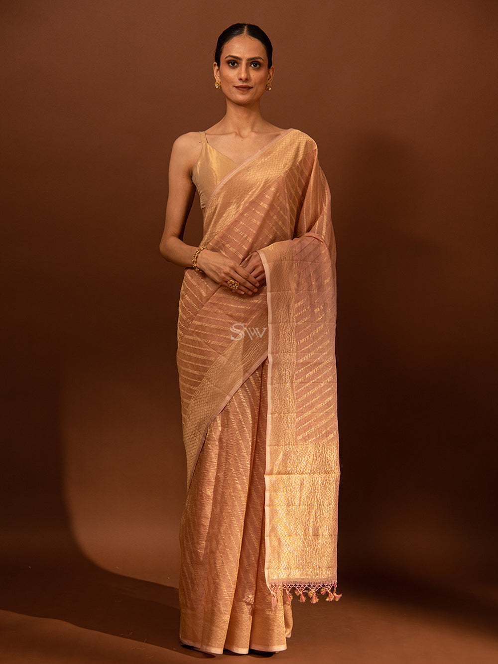 Pastel Pink Gold Stripe Crush Tissue Handloom Banarasi Saree - Sacred Weaves
