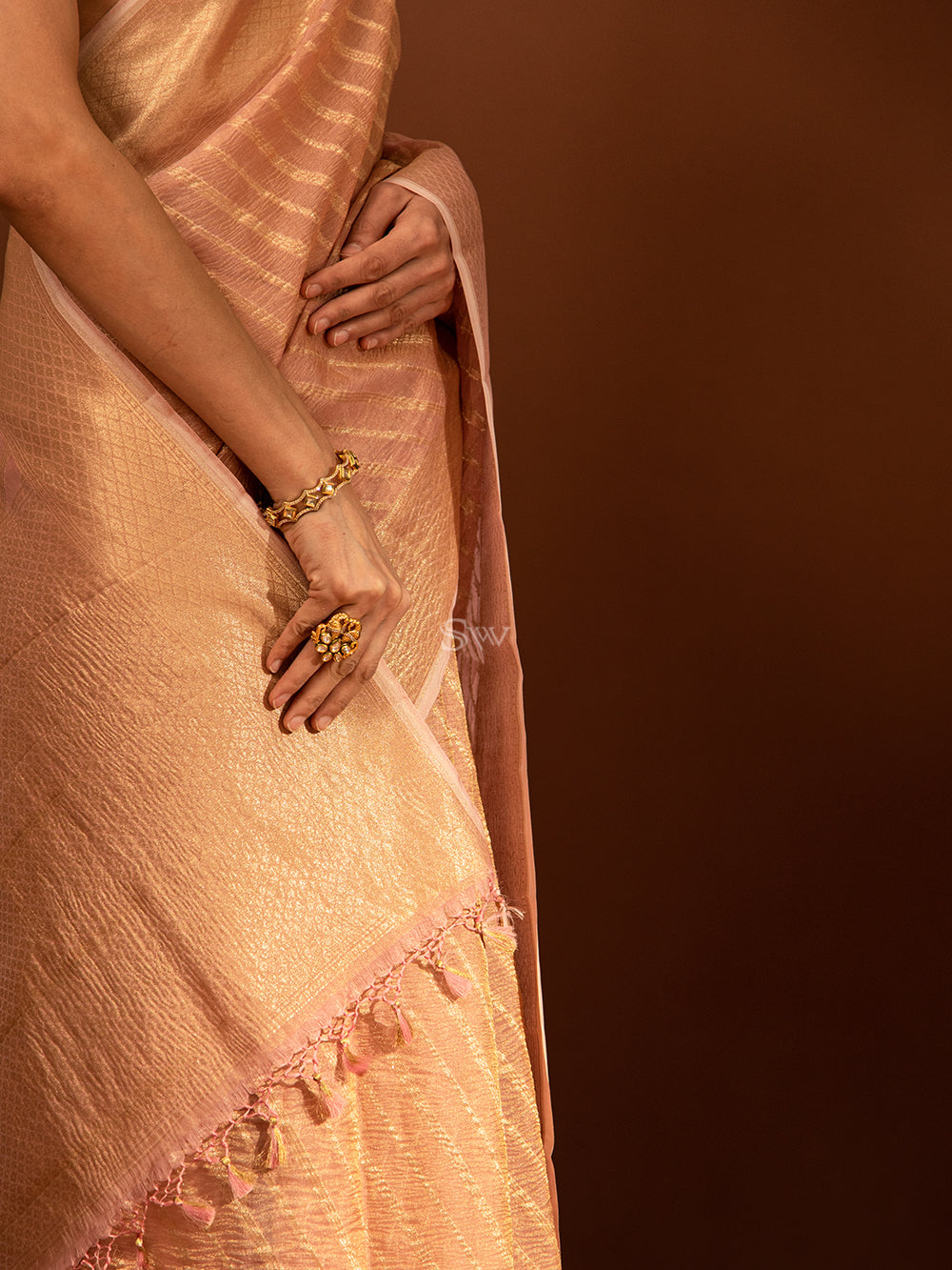 Pastel Pink Gold Stripe Crush Tissue Handloom Banarasi Saree - Sacred Weaves