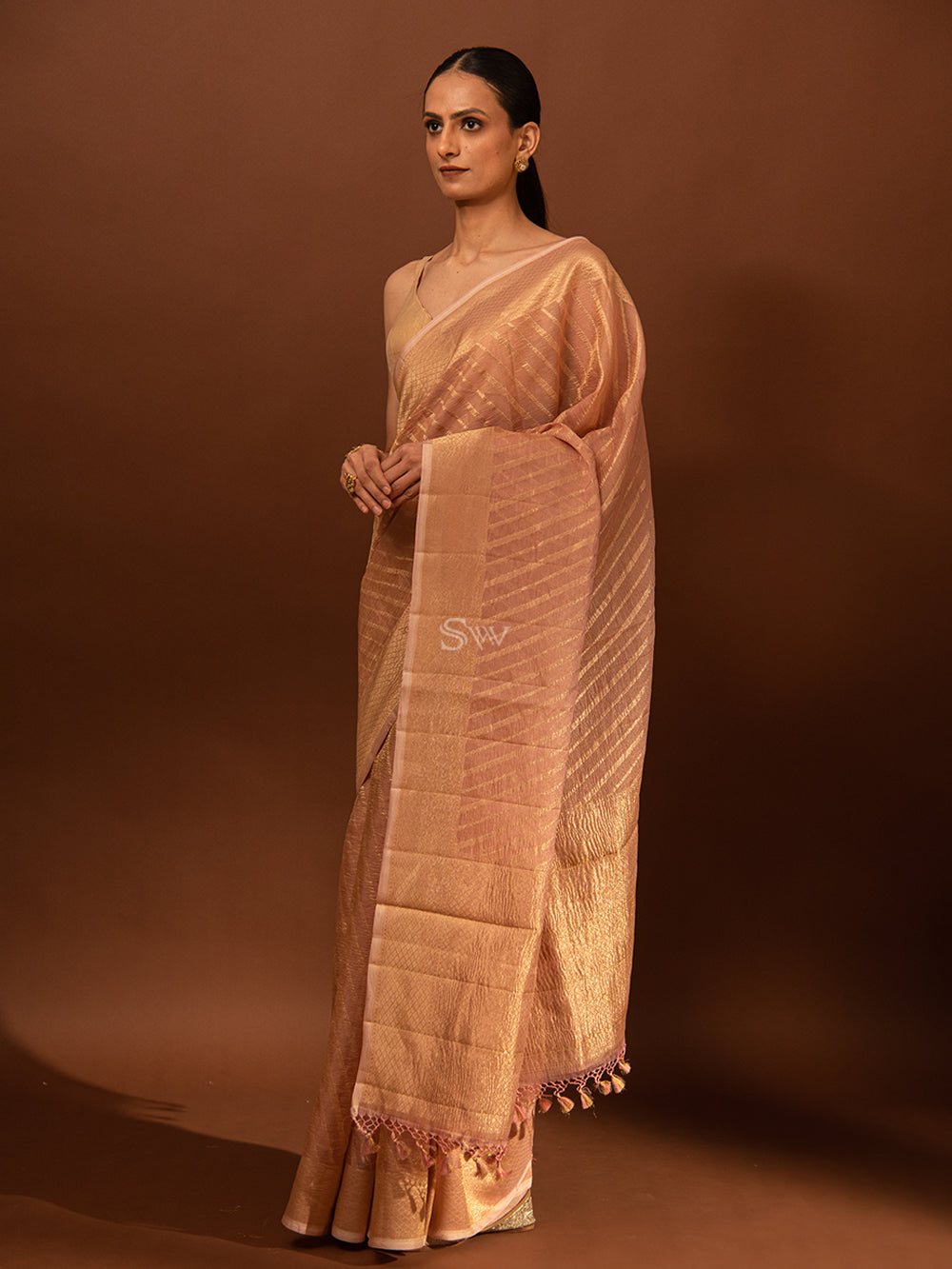 Pastel Pink Gold Stripe Crush Tissue Handloom Banarasi Saree - Sacred Weaves