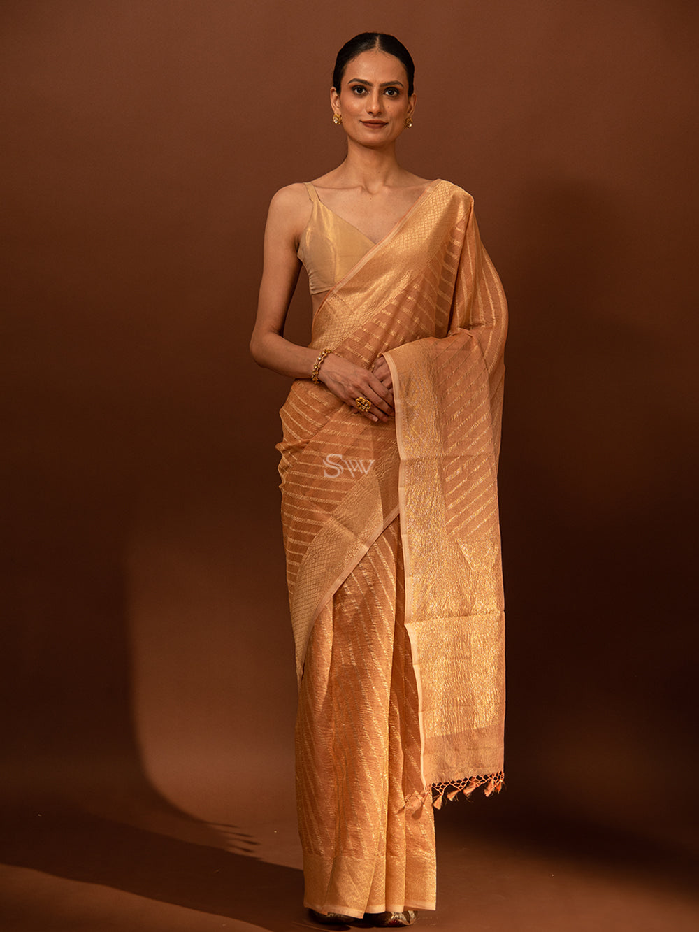 Pastel Peach Gold Stripe Crush Tissue Handloom Banarasi Saree - Sacred Weaves