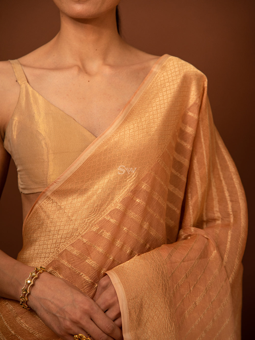 Pastel Peach Gold Stripe Crush Tissue Handloom Banarasi Saree - Sacred Weaves