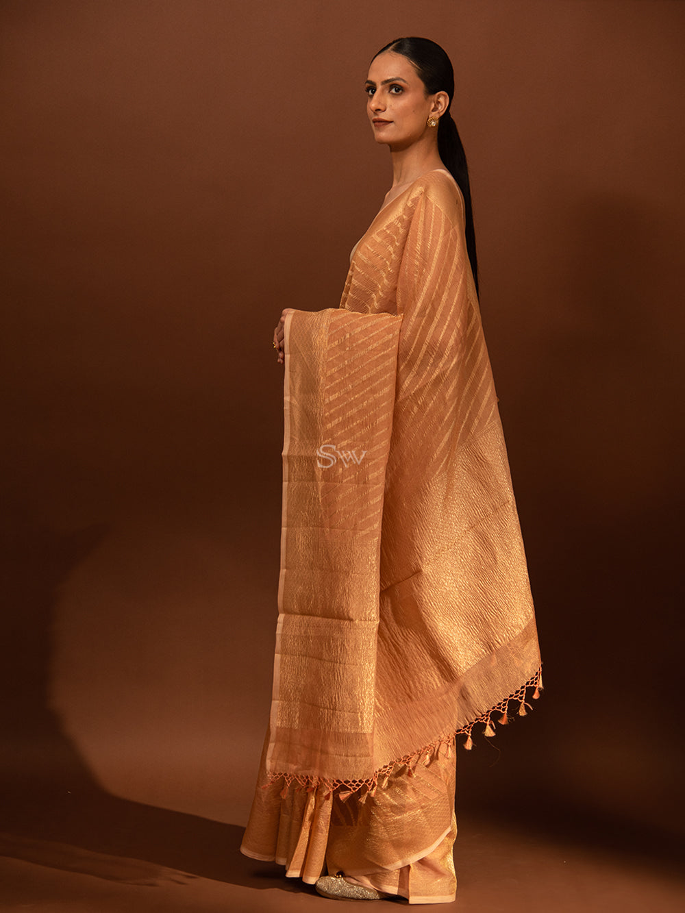 Pastel Peach Gold Stripe Crush Tissue Handloom Banarasi Saree - Sacred Weaves