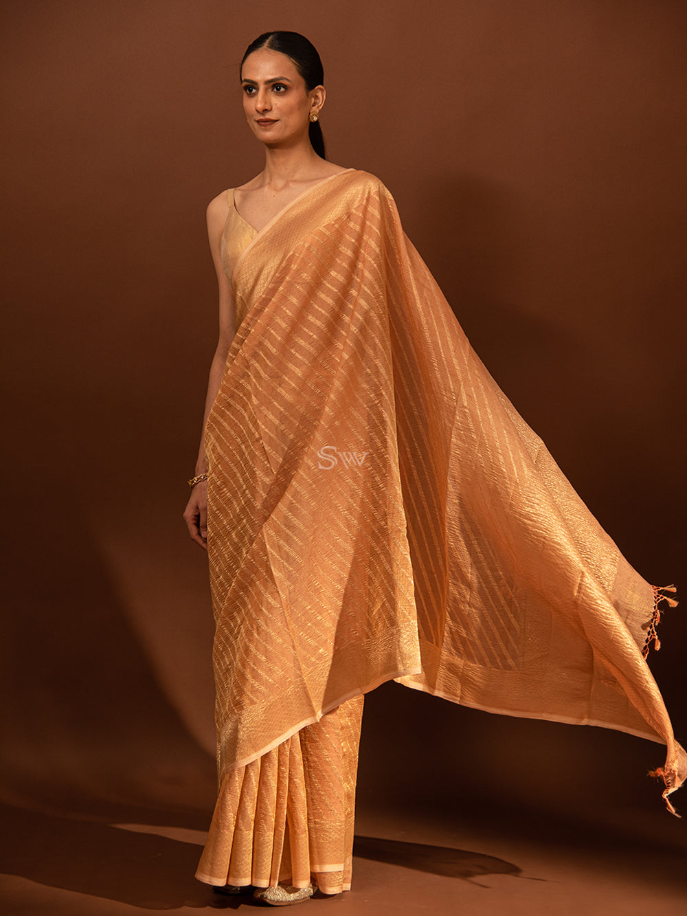 Pastel Peach Gold Stripe Crush Tissue Handloom Banarasi Saree - Sacred Weaves