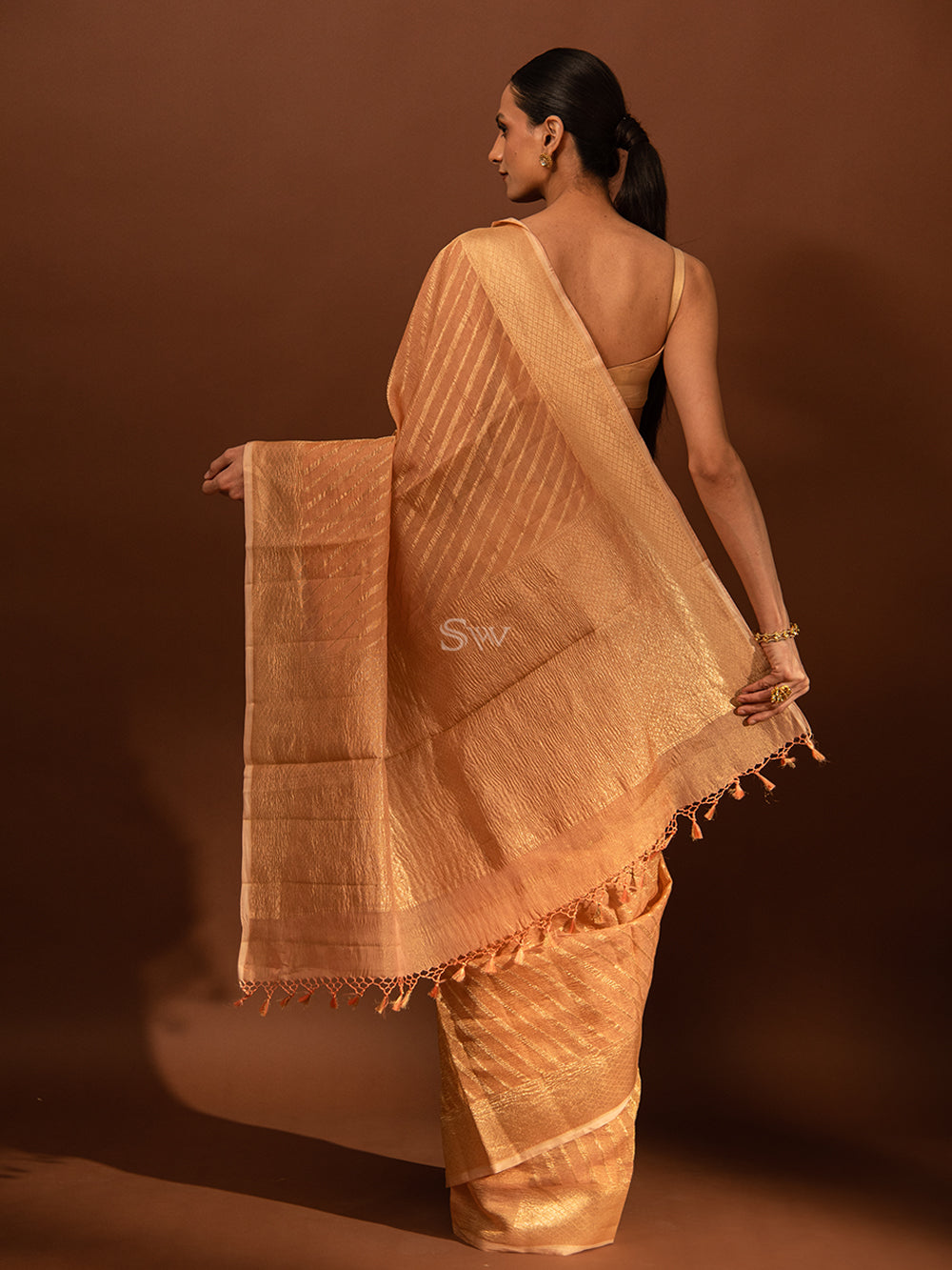 Pastel Peach Gold Stripe Crush Tissue Handloom Banarasi Saree - Sacred Weaves