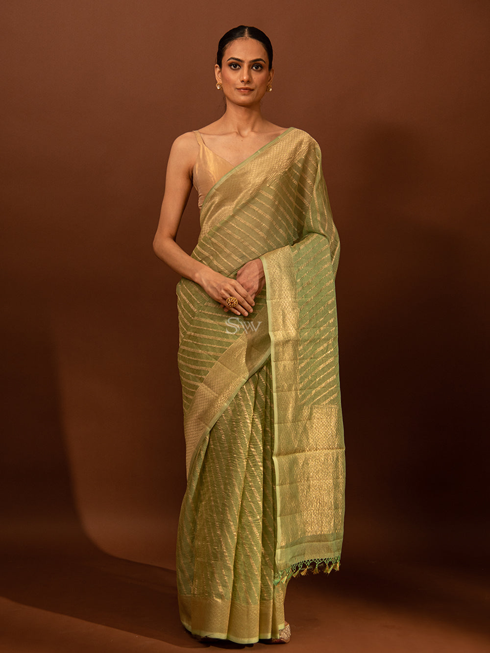 Sea Green Gold Stripe Crush Tissue Handloom Banarasi Saree - Sacred Weaves