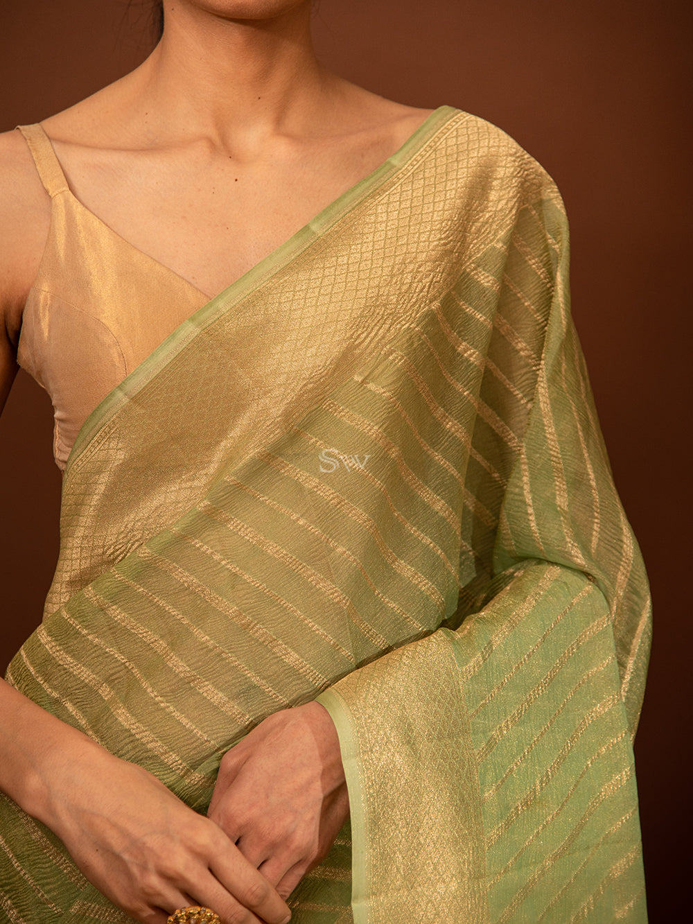 Sea Green Gold Stripe Crush Tissue Handloom Banarasi Saree - Sacred Weaves