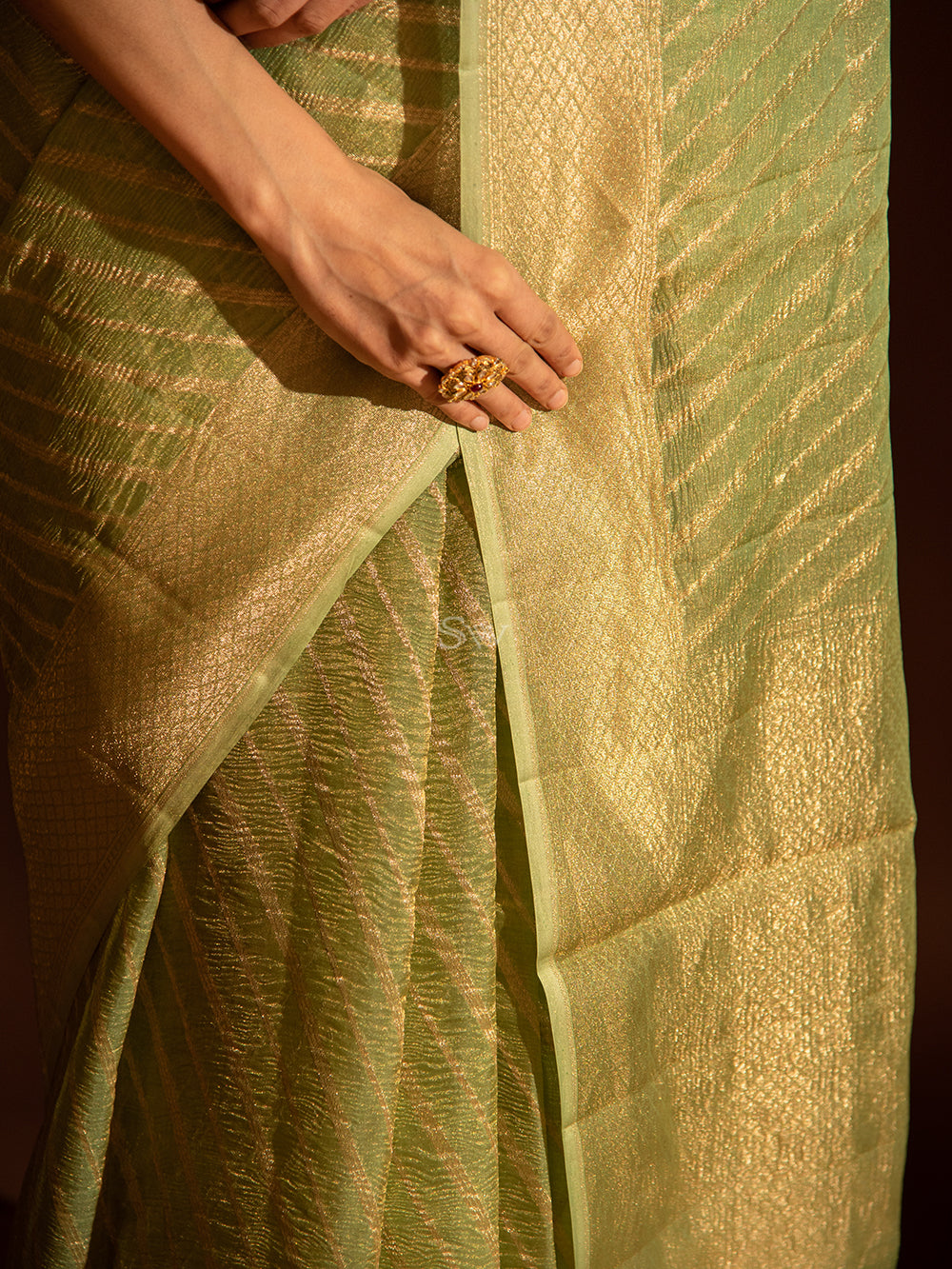 Sea Green Gold Stripe Crush Tissue Handloom Banarasi Saree - Sacred Weaves