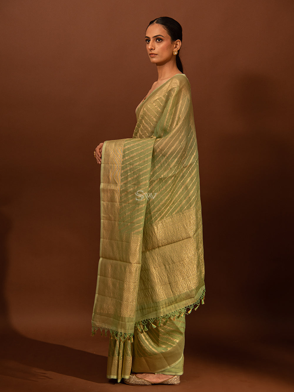 Sea Green Gold Stripe Crush Tissue Handloom Banarasi Saree - Sacred Weaves
