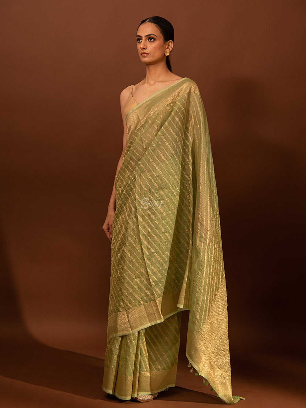 Sea Green Gold Stripe Crush Tissue Handloom Banarasi Saree - Sacred Weaves