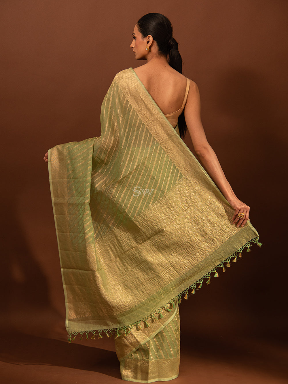 Sea Green Gold Stripe Crush Tissue Handloom Banarasi Saree - Sacred Weaves