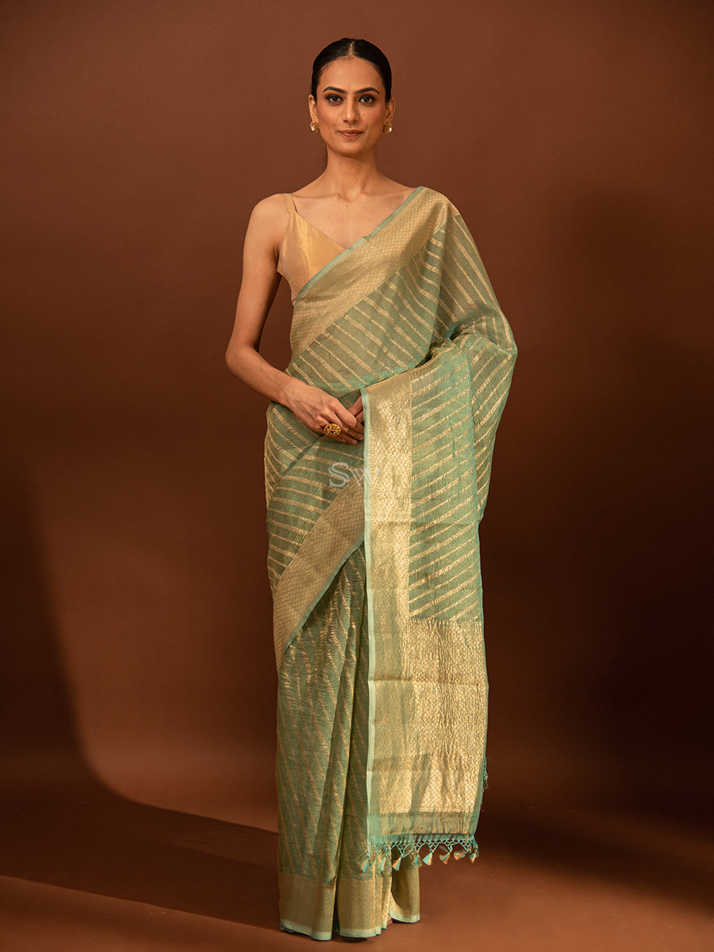 Aqua Blue Gold Stripe Crush Tissue Handloom Banarasi Saree - Sacred Weaves