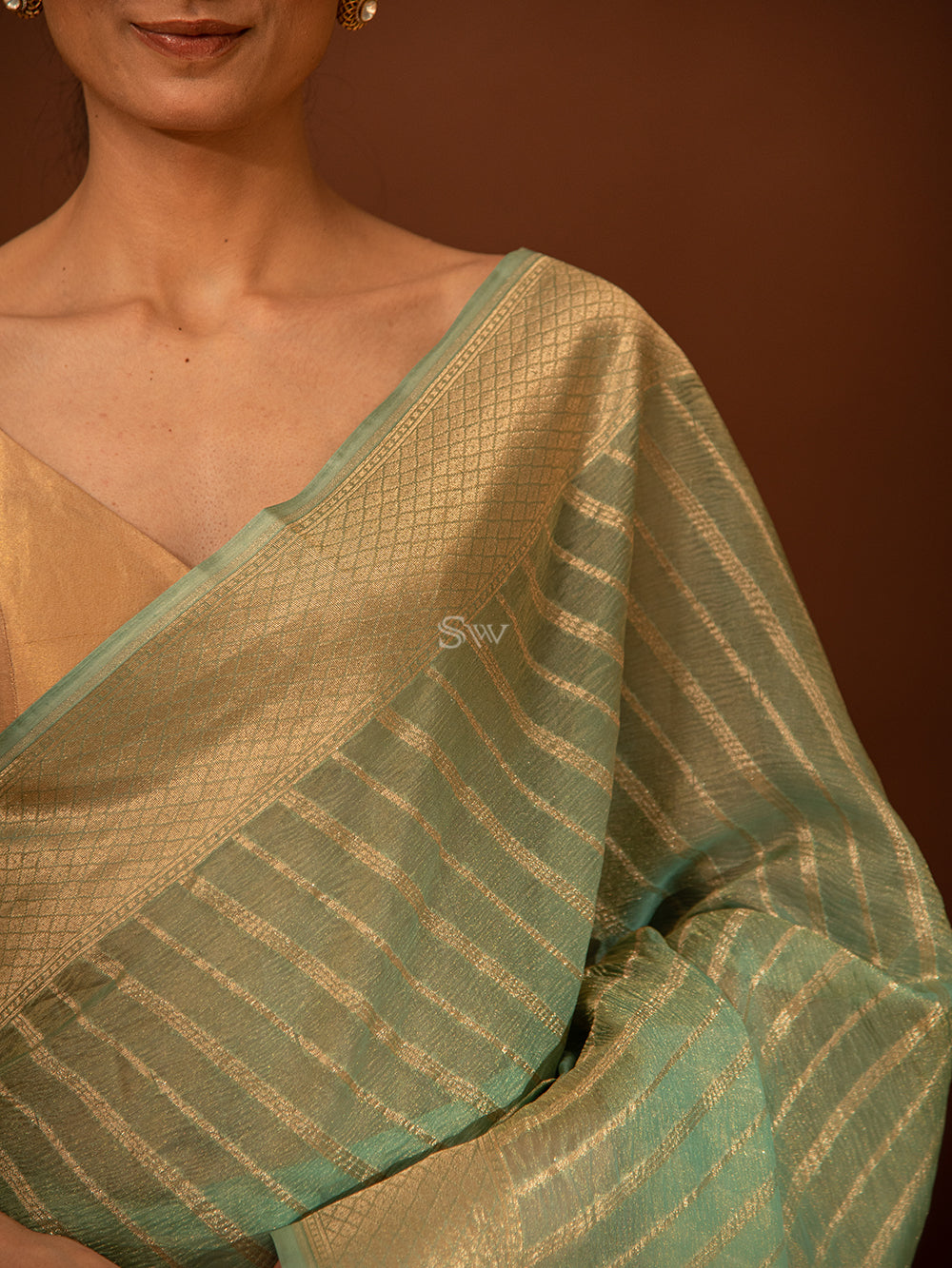 Aqua Blue Gold Stripe Crush Tissue Handloom Banarasi Saree - Sacred Weaves