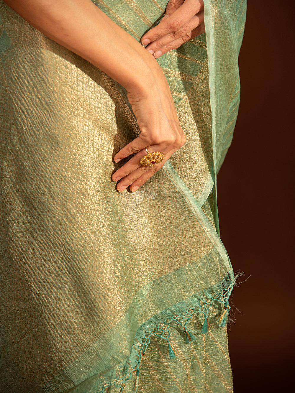 Aqua Blue Gold Stripe Crush Tissue Handloom Banarasi Saree - Sacred Weaves