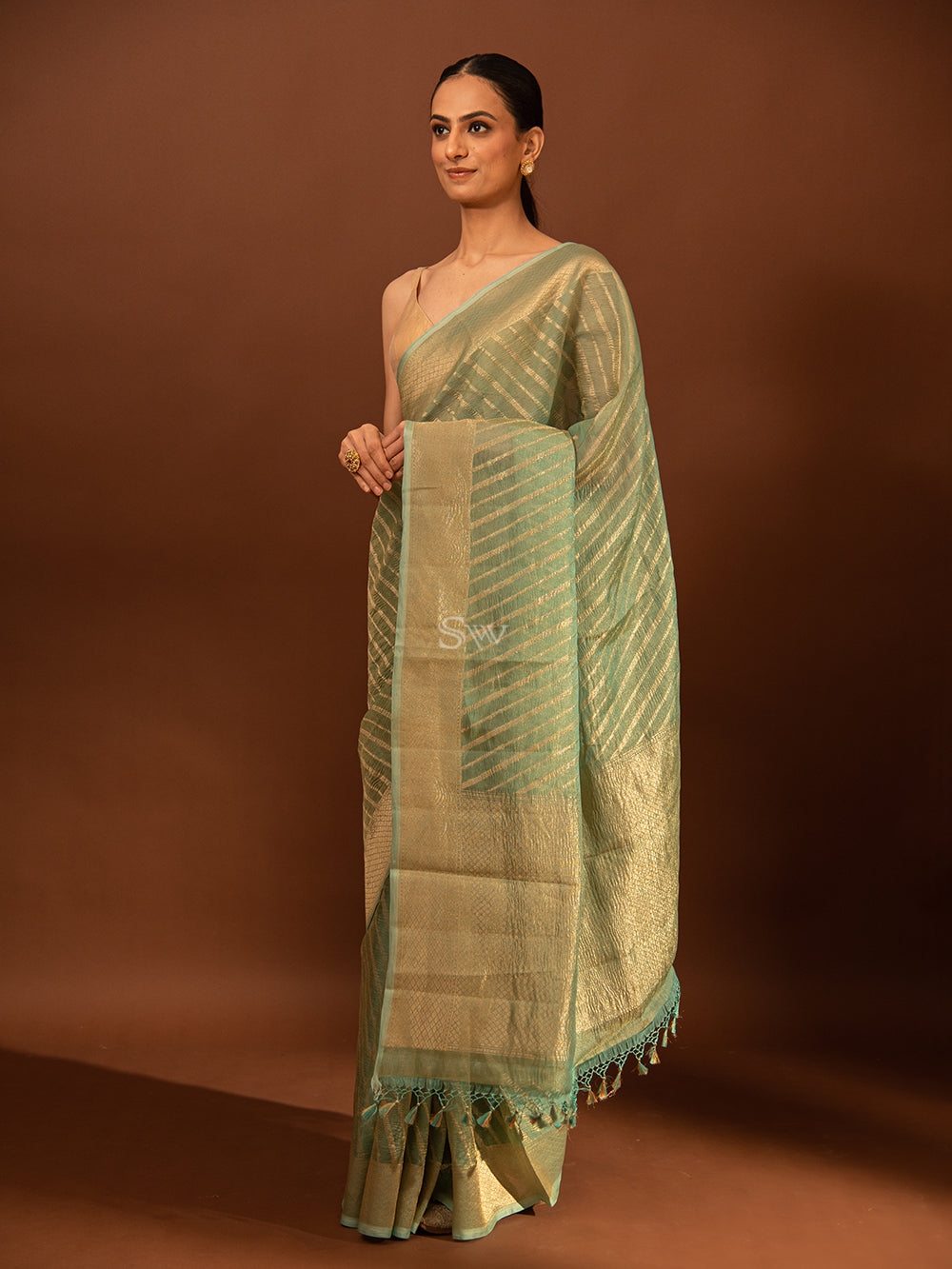 Aqua Blue Gold Stripe Crush Tissue Handloom Banarasi Saree - Sacred Weaves