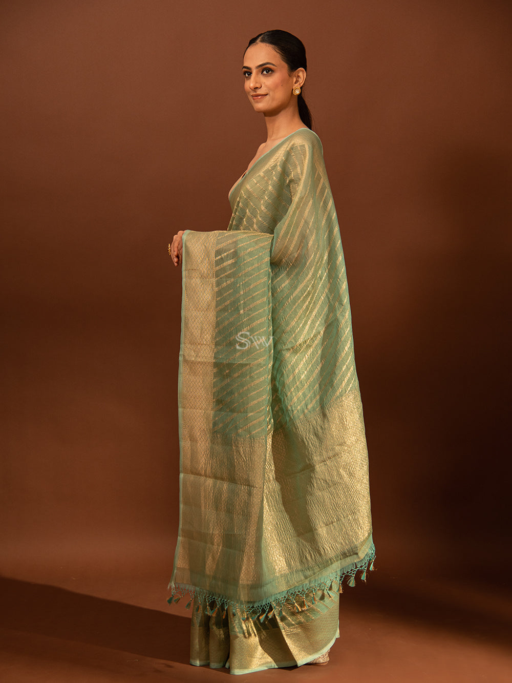 Aqua Blue Gold Stripe Crush Tissue Handloom Banarasi Saree - Sacred Weaves